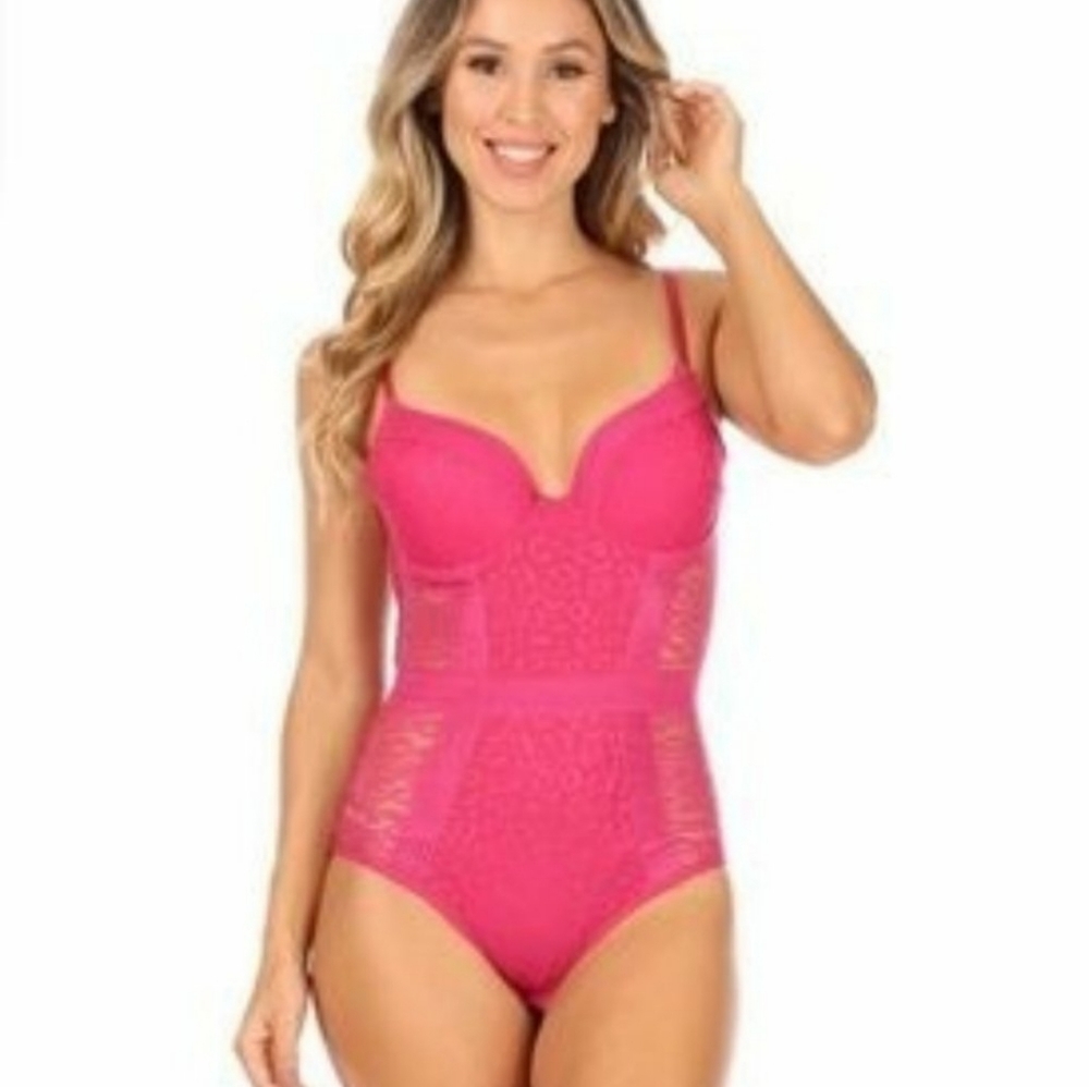FRENCH AFFAIR Push Up BodySuit Lacey Cheetah Print Pink